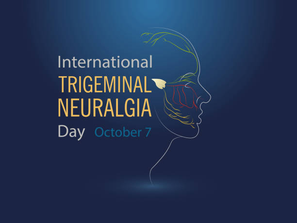 International Trigeminal Neuralgia Day International Trigeminal Neuralgia Day.October 7.Profile of face with nerve branches in different color on blue background. neuralgia stock illustrations