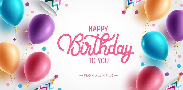 Birthday greeting vector background design. Happy birthday to you text with colorful balloons and party hat elements for kids birth day party messages. Vector illustration.