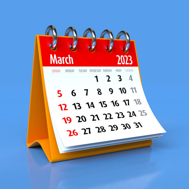 istock March 2023 Calendar. Isolated on Blue Background. 3D Illustration 1424200026