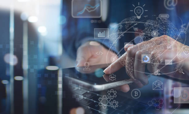 istock Digital technology, IoT Internet of Things concept. Woman using mobile smart phone, data analysis with global business, blue abstract background, futuristic technology and big data 1424200279