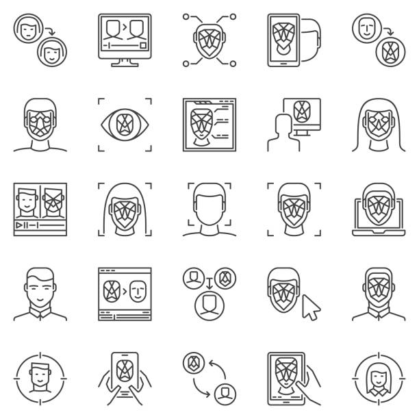 ilustrações de stock, clip art, desenhos animados e ícones de face recognition and authentication line vector icons set - nerve cell illustrations