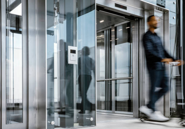 Business people leaving the office building