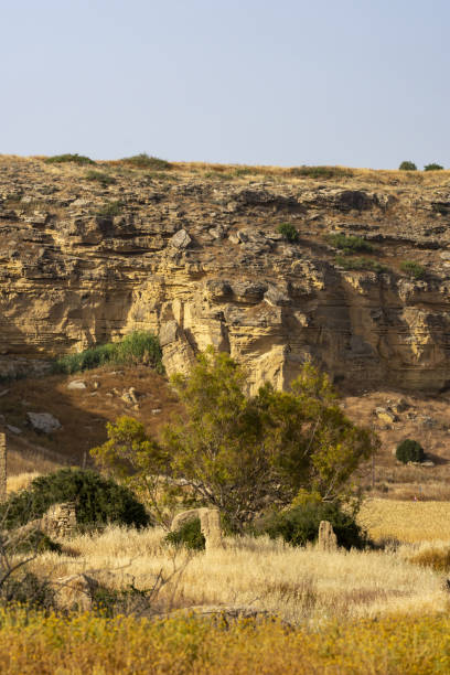 istock Weathered, eroded mud brick ruin with craggy cliff face and dry hay fields under clear sky 1424203600