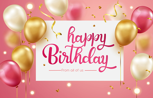 istock Birthday greeting vector design. Happy birthday text in white board space with pink and gold balloon elements for pink birth day celebration card. 1424206495
