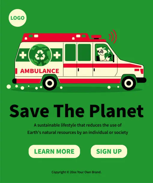 Vector illustration of In the concept of Save The Planet, sustainability, and environmental protection, the medical staff is driving an ambulance with an earth symbol