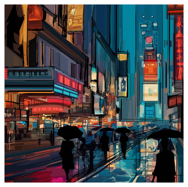 ilustraciones, imágenes clip art, dibujos animados e iconos de stock de representación original de times square en nueva york en una noche lluviosa - times square