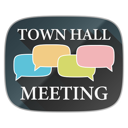 TOWN HALL MEETING label or symbol with colorful speech bubbles symbolizing communication and dialog, vector illustration