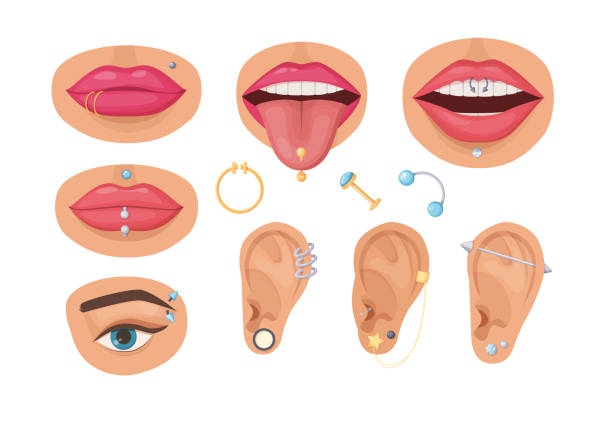 istock Parts of female face with metallic ring, earring, barbell 1424212957