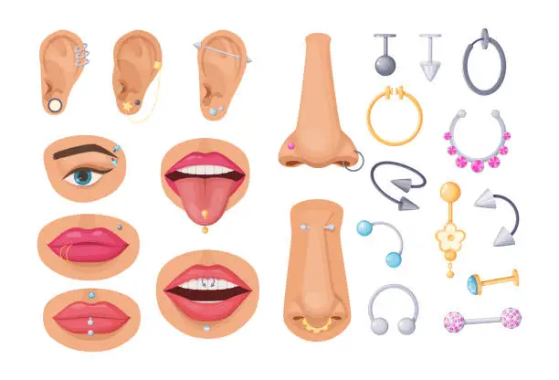 Vector illustration of Piercings of different parts of human body set. Metallic silver and golden ring, earring, barbell, cone and ball. Fashion bijouterie for ear, nose, tongue, eyebrow