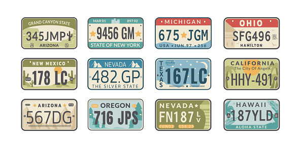 Set of USA states car vehicles registration plates. License registration signs of auto, motorcycle, truck. Road transport plates of Arizona, New York, Michigan, Nevada, California, Oregon vector
