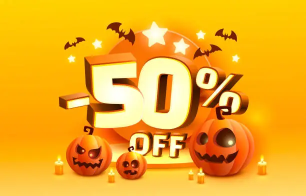 Vector illustration of Halloween special 50 off sale banner, promotion flyer, marketing label. Vector