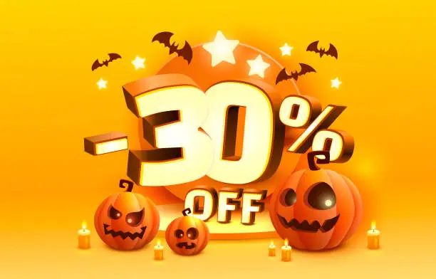 Vector illustration of Halloween special 30 off sale banner, promotion flyer, marketing label. Vector