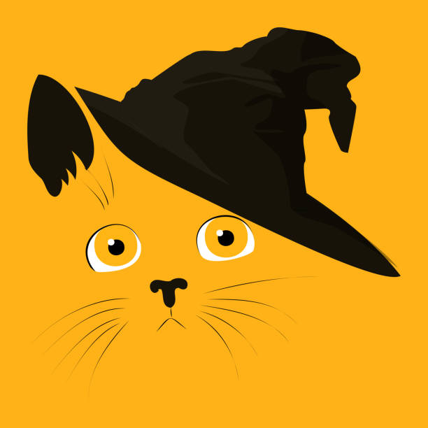 Cat in witch hat Happy Halloween illustration with a cute cat muzzle black cat costume stock illustrations