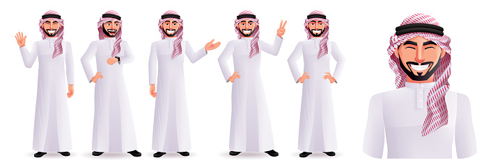 Arab man vector character set design. Arabic male collection in friendly expression with peace, waving and standing pose for business characters. Vector illustration.