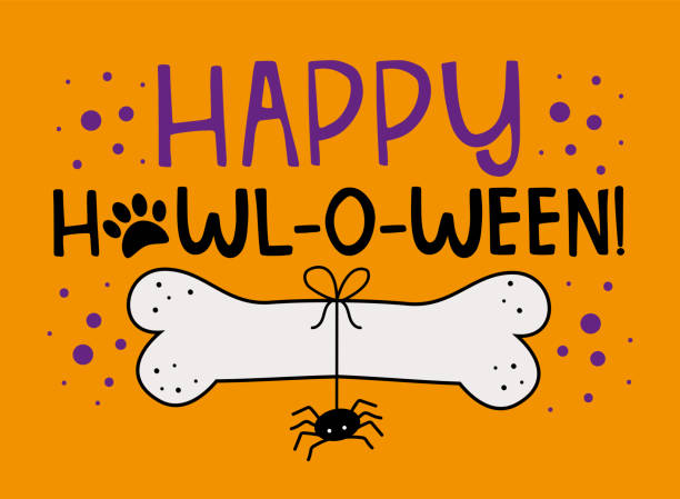 Happy Howl-o-ween!- funny saying with dog bone and spider isolated on orange color backgound. Happy Howl-o-ween!- funny saying with dog bone and spider isolated on orange color backgound. Good for dog clothes, greeting card, T shirt print, label, and other decoration for Halloween. weben stock illustrations