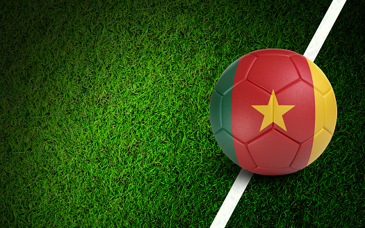 Cameroon flag on a soccer ball over soccer field. Easy to crop for all your social media and design need.