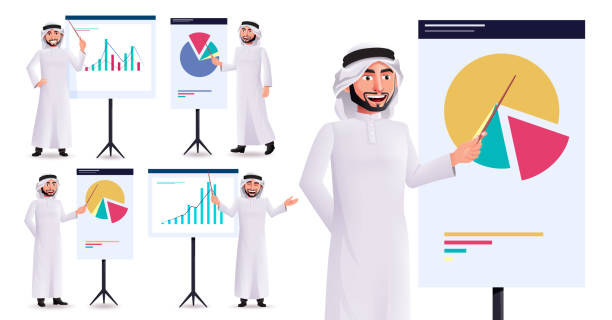 zestaw znaków wektorowych prezentacji arabskiego. arabskie profesjonalne postacie męskie pokazujące i wskazujące element wykresu biznesowego do projektowania kolekcji korporacyjnej emirati. - kaffiyeh stock illustrations