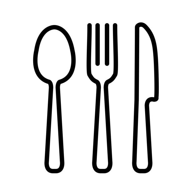 schwarz-weißes bestecksymbol: vektor - fork silverware table knife spoon stock-grafiken, -clipart, -cartoons und -symbole