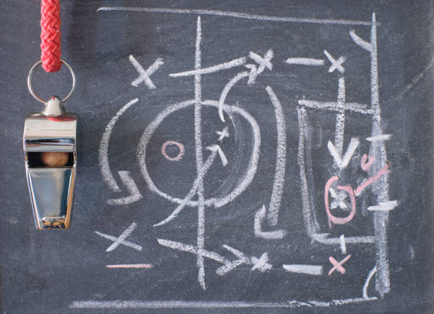 istock Whistle of soccer referee or trainer and soccer tactics scribble on a black board. Great soccer event this year. 1424217139