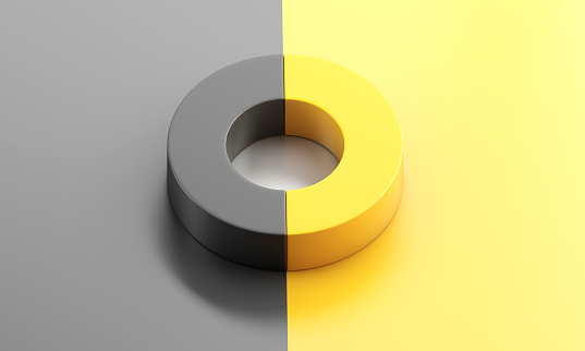 Pie chart on a yellow and black background. 3d illustration.
