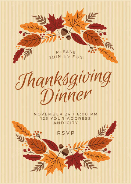 ilustraciones, imágenes clip art, dibujos animados e iconos de stock de invitación a la cena de acción de gracias con corona. - thanksgiving