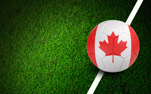 Canadian flag on a soccer ball over soccer field. Easy to crop for all your social media and design need.