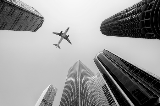 Airplane flying to Chicago, Illinois, USA.
