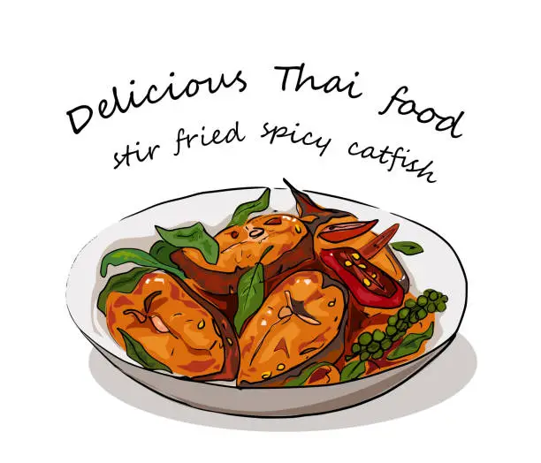 Vector illustration of Phad Phed Pla Duk Throd Krob (Stir-fried Deep fried Catfish with Curry Paste)