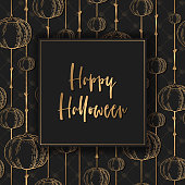 istock Happy Halloween vector banner with gold lettering and pumpkins decoration pattern isolated on black background. Elegant design for advertising, promotion, flyer, invitation, poster 1424222583