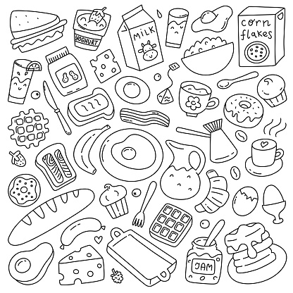 Breakfast food collection, products for breakfast, coffee, toast, jam icons, vector doodle illustration of fruit, bread, isolated outline clipart on white background, tasty morning food