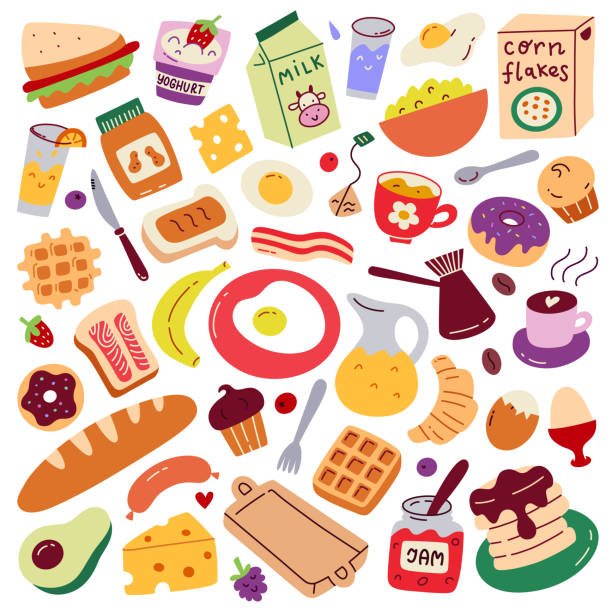 ilustrações de stock, clip art, desenhos animados e ícones de breakfast food collection, colored tasty products for breakfast, coffee, toast, jam icons, vector doodle illustration of fruit, bread - food meat doodle dairy product