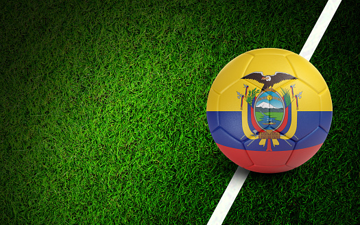 Ecuadorean flag on a soccer ball over soccer field. Easy to crop for all your social media and design need.