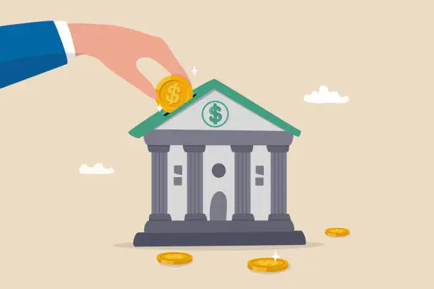 Vector illustration of Investment bank financial service to provide invest advisory, wealth management or loan for company, money growth or profit and earning concept, businessman hand put dollar coin on investment bank.