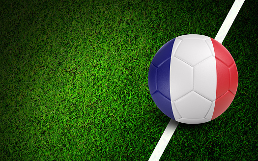 French flag on a soccer ball over soccer field. Easy to crop for all your social media and design need.