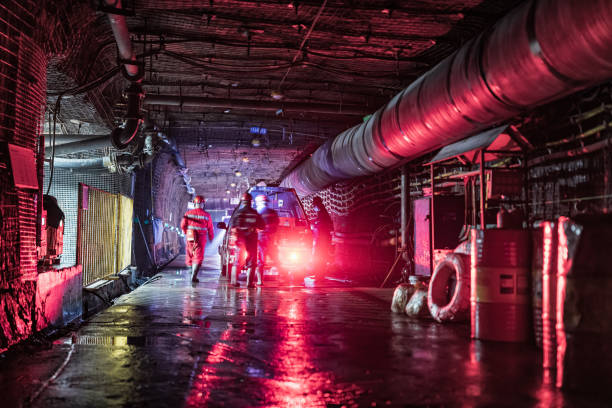 Coal mine underground corridor with support system stock photo