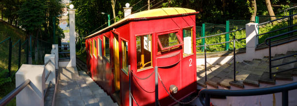 Kaunas, Lithuania - August 12, 2022: Aleksotas funicular with incline railway carts. Vintage public transportation in Kaunas operating since 1931.
