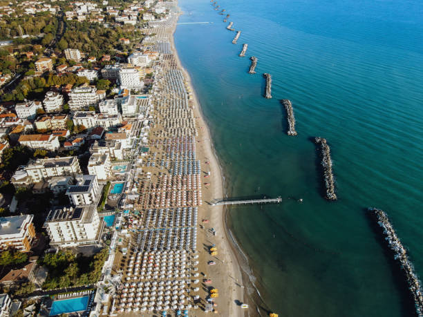 istock Aerial view of beach with sun beds 1424236171