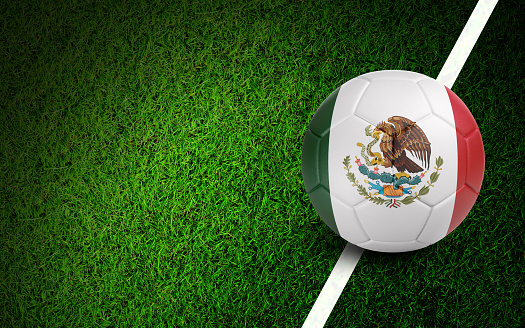 Mexican flag on a soccer ball over soccer field. Easy to crop for all your social media and design need.