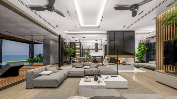 istock 3d rendering of modern cozy interior with living, dining zone, stair and kitchen 1424237637