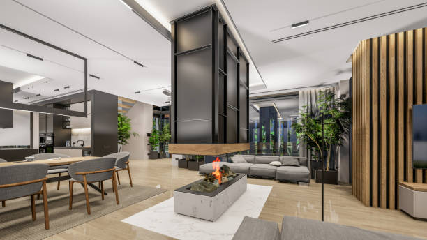 istock 3d rendering of modern cozy interior with living, dining zone, stair and kitchen 1424237644