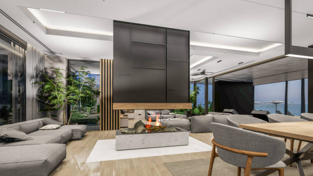 istock 3d rendering of modern cozy interior with living, dining zone, stair and kitchen 1424237673