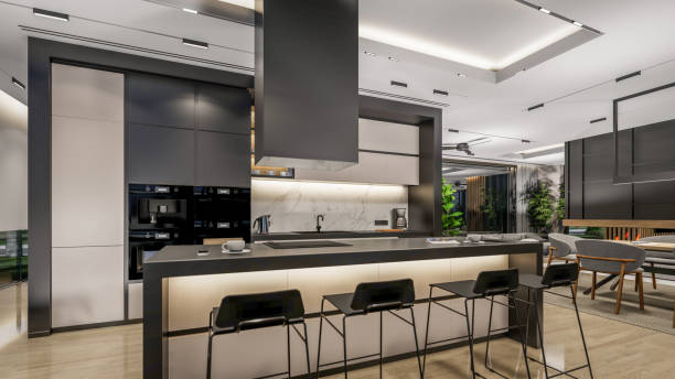 istock 3d rendering of modern cozy interior with living, dining zone, stair and kitchen 1424237787