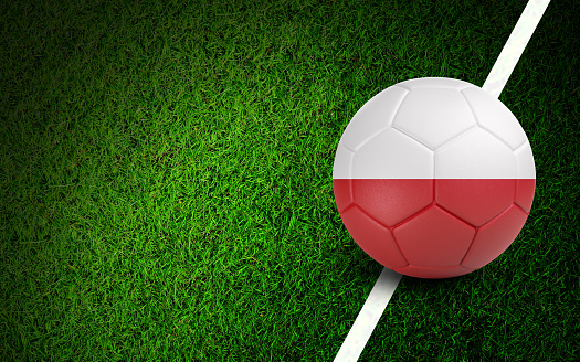 Polish flag on a soccer ball over soccer field. Easy to crop for all your social media and design need.