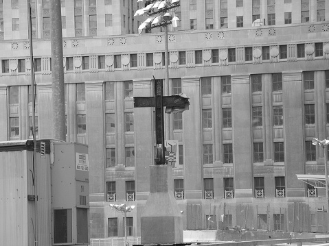 New York City, United States, 27 November, 2003: Steel cross formed from girders discovered in the rubble after the Twin Towers collapsed. Raised up and used as a symbol of hope during the rebuilding
