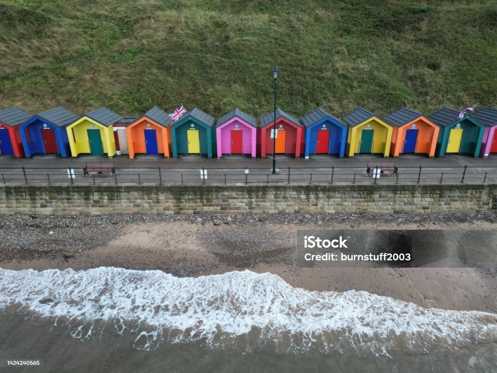 aerial view of Saltburn by the Sea beach huts, commonly referred to as Saltburn,  North Yorkshire aerial view of Saltburn by the Sea sea front beach huts. commonly referred to as Saltburn. a seaside town in Redcar and Cleveland, North Yorkshire. England, Beach Stock Photo