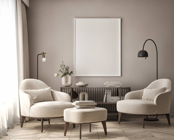 istock mock up poster frame in modern interior background, living room, Scandinavian style, 3D render, 3D illustration 1424241244