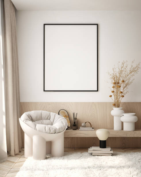 istock mock up poster frame in modern interior background, living room, Scandinavian style, 3D render, 3D illustration 1424241252