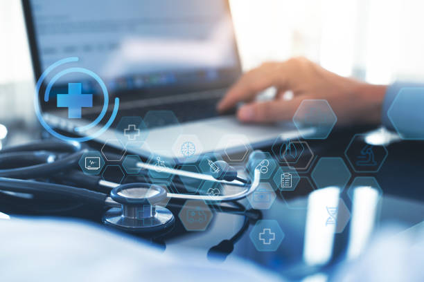 istock Medical technology network concept. Medicine doctor working on laptop computer with icon medical network connection with modern virtual screen interface 1424243636