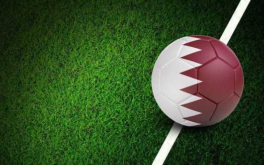 Qatar flag on a soccer ball over soccer field. Easy to crop for all your social media and design need.