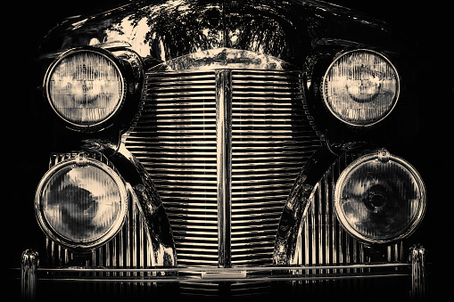 Close-Up Of Vintage Car. Sepia toned.